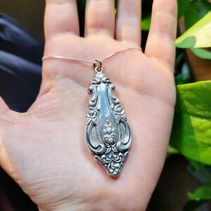 Vintage Antique Art Nouveau Solid 925 Sterling Silver Repoussé Spoon Necklace